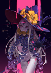 Rule 34 | 1girl, abigail williams (fate), abigail williams (third ascension) (fate), black panties, blood, bow, fate/grand order, fate (series), grey hair, grin, hat, key, keyhole, long hair, looking at viewer, orange bow, panties, pink blood, pink eyes, polka dot, polka dot bow, red eyes, revealing clothes, sharp teeth, smile, smile (mm-l), solo, teeth, third eye, underwear, very long hair, witch hat