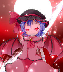 Rule 34 | 1girl, adapted costume, ascot, bat wings, blue hair, brooch, female focus, full moon, gloves, hat, hat ribbon, highres, jewelry, light particles, looking at viewer, makuran, moon, pink eyes, puffy sleeves, remilia scarlet, ribbon, shirt, short sleeves, skirt, skirt set, slit pupils, smile, solo, spear the gungnir, touhou, white gloves, wings