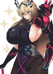 Rule 34 | 1girl, abs, armor, bare shoulders, black dress, black gloves, blonde hair, blue eyes, breasts, brown pantyhose, chain, covered navel, curvy, dress, elbow gloves, barghest (fate), barghest (second ascension) (fate), fate/grand order, fate (series), gauntlets, gloves, heterochromia, highres, horns, huge breasts, long hair, looking to the side, muscular, muscular female, pantyhose, pauldrons, pelvic curtain, red eyes, shoulder armor, sideboob, single gauntlet, single pauldron, solo, sparkle, sword, thighs, toned, uumi, weapon, wide hips
