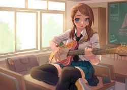 Rule 34 | 1girl, black necktie, black thighhighs, blue eyes, blue skirt, breasts, cellphone, chair, commentary request, day, desk, guitar, hair ornament, hairclip, highres, holding, holding instrument, hongcasso, indoors, instrument, jewelry, looking at viewer, low twintails, medium breasts, necktie, original, phone, pleated skirt, ring, school desk, shirt, short hair, sitting, skirt, sleeves rolled up, solo, sunlight, swept bangs, thighhighs, twintails, white shirt, window