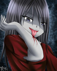 Rule 34 | 1girl, :p, artist request, black hair, blood, blue eyes, colored skin, corpse party, dress, ghost, grey skin, licking, long hair, open mouth, red dress, shaded face, shinozaki sachiko, smile, solo, tongue, tongue out, torn clothes