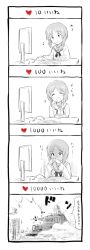 Rule 34 | 10s, 1girl, 4koma, blouse, closed eyes, comic, commentary, firing, girls und panzer, heart, heavy breathing, keyboard (computer), long sleeves, military, military vehicle, monitor, monochrome, motor vehicle, mouse (computer), musical note, neckerchief, nishizumi miho, onsen man, ooarai school uniform, open mouth, panzer iv, panzer iv, quaver, school uniform, serafuku, shirt, sitting, smile, smoke, solo, spot color, sweat, tank, translated