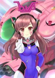 Rule 34 | 1girl, absurdres, asusilver (artist), blurry, blush, breasts, brown hair, character name, closed mouth, d.va (overwatch), depth of field, facial mark, gloves, hand on own hip, head tilt, headphones, highres, long hair, looking at viewer, medium breasts, meka (overwatch), overwatch, overwatch 1, pilot suit, pointing, smile, solo, swept bangs, whisker markings, white gloves