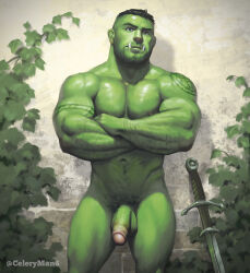 Rule 34 | 1boy, abs, absurdres, arm tattoo, bara, beard stubble, celeryman, colored skin, completely nude, crossed arms, facial hair, feet out of frame, flaccid, flexing, flexing pectorals, green skin, highres, large pectorals, male focus, mature male, monster boy, muscular, muscular male, navel, navel hair, nipples, nude, orc, original, pectorals, penis, pointy ears, short hair, solo, stomach, stubble, tattoo, thick eyebrows, thighs, tusks, uncensored
