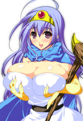 Rule 34 | 1girl, ahoge, bad id, bad pixiv id, belt, blue hair, blush, grabbing another&#039;s breast, breasts squeezed together, breasts, bursting breasts, chunsoft, circlet, cleavage, dragon quest, dragon quest iii, elbow gloves, enix, gloves, grabbing, huge breasts, long hair, ookami ryousuke, purple eyes, purple hair, sage (dq3), scarf, solo, staff, weapon