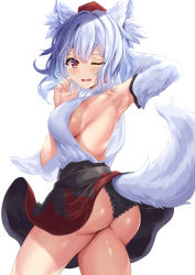 Rule 34 | 1girl, animal ears, arm behind head, arm up, armpits, arms behind head, ass, bare shoulders, black panties, black skirt, breasts, cowboy shot, detached sleeves, hat, inubashiri momiji, kaeranu kaeru, large breasts, looking at viewer, looking to the side, medium skirt, multicolored clothes, multicolored skirt, one eye closed, open mouth, panties, pantyshot, pom pom (clothes), red eyes, red skirt, shirt, short hair, sideboob, silver hair, simple background, skirt, sleeveless, sleeveless shirt, solo, tail, tokin hat, touhou, turtleneck, underwear, white background, white shirt, wolf ears, wolf tail