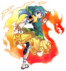 Rule 34 | 1girl, :d, alphes (style), arm ribbon, between fingers, blue hair, blue ribbon, chisel, commentary request, dairi, dress, fire, full body, green headwear, haniyasushin keiki, head scarf, highres, holding, long hair, looking at viewer, looking back, open mouth, parody, puffy sleeves, purple eyes, ribbon, sandals, smile, solo, standing, standing on one leg, style parody, tachi-e, tools, touhou, transparent background, wood carving tool, yellow dress