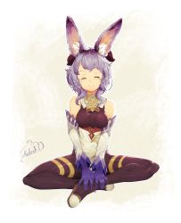 Rule 34 | 1girl, ^ ^, absurdres, aidenr0, animal ear fluff, animal ears, bare shoulders, blue gloves, blue hair, bodysuit, breasts, closed eyes, closed mouth, commentary, detached sleeves, english commentary, facing viewer, ganyu (genshin impact), genshin impact, gloves, gold trim, highres, indian style, legs, medium breasts, medium hair, neck bell, rabbit ears, shoes, sidelocks, signature, sitting, smile, solo, swept bangs, thighs