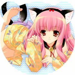 Rule 34 | 1girl, animal ears, barefoot, cat ears, cat tail, feet, highres, japanese clothes, louise francoise le blanc de la valliere, pentacle, pink hair, shigunyan, soles, solo, tail, toes, zero no tsukaima