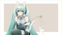 Rule 34 | 1girl, :3, absurdres, animal ears, aqua eyes, aqua hair, aqua necktie, bare shoulders, beige background, black skirt, black sleeves, black thighhighs, cat, cat ears, cat tail, cat teaser, commentary, crossed arms, detached sleeves, grey shirt, hair ornament, hairband, hatsune miku, headphones, headset, highres, holding, holding toy, long hair, looking at viewer, masumofu, necktie, paw up, shirt, skirt, sleeveless, sleeveless shirt, smile, solo, squatting, tail, thighhighs, toy, twintails, very long hair, vocaloid, white cat, white tail, zettai ryouiki