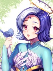 Rule 34 | 1girl, animal, artist name, bird, blue hair, blush, commission, halo, highres, holding, holding animal, long sleeves, looking at viewer, original, parted lips, pink eyes, sasucchi95, short hair, sleeves past wrists, solo, upper body, watermark
