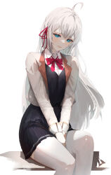 1girl absurdres ahoge alisa_mikhailovna_kujou aqua_eyes arms_between_legs black_skirt black_vest blazer bow bowtie closed_mouth grey_jacket hair_ribbon highres jacket long_hair long_sleeves nir_525 pleated_skirt red_bow red_bowtie red_ribbon ribbon school_uniform sitting skirt solo thighhighs tokidoki_bosotto_roshia-go_de_dereru_tonari_no_alya-san vest white_hair white_thighhighs