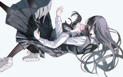Rule 34 | 2girls, absurdres, black dress, black hair, black pantyhose, black vest, chainsaw man, chromatic aberration, dress, floating, highres, long dress, long hair, long sleeves, looking at viewer, lying on person, mitaka asa, multiple girls, pantyhose, parted lips, pinafore dress, red eyes, scar, scar on face, shirt, shoes, simple background, sleepless (wrysmile), sleeveless, sleeveless dress, sneakers, vest, white background, white footwear, white shirt, yoru (chainsaw man)