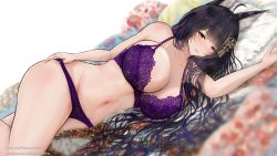 Rule 34 | 1girl, ahoge, animal ears, arm up, azur lane, bare arms, bare shoulders, black hair, blurry, blurry foreground, blush, bra, breasts, cleavage, commentary request, cowboy shot, dutch angle, facial mark, fox ears, groin, hair ornament, kitsune-neko, lace, lace bra, large breasts, lingerie, long hair, looking at viewer, lying, musashi (azur lane), navel, on side, panties, parted lips, patreon username, pixiv username, purple bra, purple panties, smile, solo, stomach, thighs, underwear, underwear only, very long hair, watermark, web address, yellow eyes