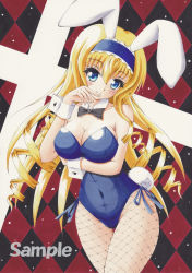 Rule 34 | 10s, 1girl, animal ears, arm under breasts, blonde hair, blue eyes, bow, bowtie, breast hold, breasts, cecilia alcott, covered navel, curvy, detached collar, fake animal ears, finger to mouth, fishnet pantyhose, fishnets, infinite stratos, large breasts, leotard, long hair, marker (medium), munmu, pantyhose, playboy bunny, rabbit ears, rabbit tail, sample watermark, seductive smile, smile, tail, traditional media, watermark, wrist cuffs
