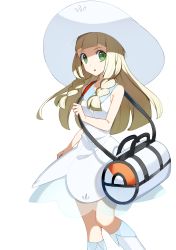 Rule 34 | 1girl, absurdres, bag, bare arms, blonde hair, braid, commentary request, creatures (company), dress, duffel bag, eyelashes, floating hair, game freak, green eyes, hat, highres, holding strap, lillie (pokemon), long hair, nintendo, open mouth, pokemon, pokemon sm, see-through, simple background, sleeveless, sleeveless dress, socks, solo, tongue, twin braids, white background, white dress, white hat, white socks, yuihico