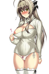 Rule 34 | 10s, 1girl, amagi brilliant park, blush, bow, bow panties, breasts, brown eyes, cameltoe, cleavage cutout, cleavage reach, closed mouth, clothing cutout, flying sweatdrops, frown, grey hair, highres, jewelry, large breasts, long hair, looking at viewer, necklace, nipples, no bra, panties, ponytail, red bow, sento isuzu, shichimenchou, simple background, solo, standing, sweater, thighhighs, underwear, white background, white panties