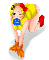 Rule 34 | 1girl, all fours, ass, bare shoulders, black eyes, blonde hair, blush, boots, bow, breasts, censored, fake censor, female focus, full body, ghost, gloves, gradient background, hair bow, leotard, looking at viewer, medium breasts, mouth hold, ms. pac-man, namco, one eye closed, orange gloves, pac-man (game), pac-man eyes hair ornament, red bow, red footwear, simple background, sleeveless leotard, solo, white background, yellow leotard