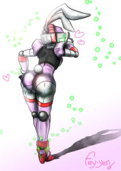 Rule 34 | 1girl, android, animal ears, ass, elbow gloves, fei-yen, from behind, gloves, gradient background, heart, high heels, huge ass, leaning, leaning forward, leotard, masamu (leonore69), mecha, no humans, rabbit ears, rabbit girl, rabbit tail, robot, shadow, solo, tail, thighhighs, virtual on