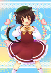 Rule 34 | 1girl, animal ears, bad id, bad pixiv id, bow, brown hair, cat ears, cat girl, cat tail, chen, dress, earrings, eyeball, female focus, heart, heart hands, highres, jewelry, kneehighs, multiple tails, open mouth, red eyes, sasara housara, short hair, single earring, socks, solo, tail, touhou