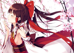 Rule 34 | 1girl, adapted costume, armpits, ascot, bare shoulders, blouse, blunt bangs, blurry, bow, breasts, brown hair, cherry blossoms, closed eyes, collared shirt, covered erect nipples, depth of field, detached sleeves, female focus, from side, hair bow, hair tubes, hakurei reimu, half updo, hand to own mouth, ke-ta, long hair, no bra, outdoors, ponytail, red shirt, shirt, sideboob, sleeveless, sleeveless shirt, small breasts, solo, touhou, two-sided fabric, white background