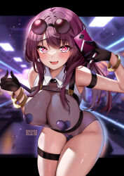 Rule 34 | 1girl, :d, adapted costume, arm strap, artist name, black gloves, black skirt, blush, bracelet, breasts, cellphone, commentary, cowboy shot, english commentary, eyewear on head, gloves, heart, heart-shaped pupils, heart maebari, heart pasties, highres, holding, holding phone, honkai: star rail, honkai (series), indoors, jewelry, kafka (honkai: star rail), large breasts, leotard, long hair, looking at viewer, maebari, open mouth, pasties, patreon username, phone, purple eyes, purple hair, shirt, skirt, sleeveless, sleeveless shirt, smartphone, smile, solo, squchan, standing, sunglasses, symbol-shaped pupils, twitter username, watermark, web address, white shirt