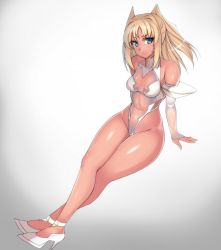Rule 34 | &gt;:(, 1girl, bare legs, bare shoulders, blonde hair, blue eyes, blush, breasts, closed mouth, collarbone, curvy, dark-skinned female, dark skin, detached sleeves, female focus, frown, full body, futaba lili ramses, groin, hevn, high heels, highleg, highleg leotard, leotard, long hair, looking at viewer, pointy hair, pumps, revealing clothes, see-through, see-through leotard, shiny skin, sitting, small breasts, solo, tan, tentacle and witches, thick thighs, thighs, thong leotard, toned, twintails, two side up, v-shaped eyebrows