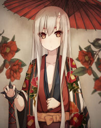 Rule 34 | 1girl, bad id, bad pixiv id, brown eyes, camellia, club (weapon), flower, highres, holding, horns, japanese clothes, kimono, long hair, looking at viewer, md5 mismatch, oil-paper umbrella, oni, oni horns, original, shuuichi, solo, umbrella, weapon, white hair