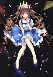 Rule 34 | 1girl, animal ears, blue footwear, breasts, brown hair, cat ears, choker, clenched hand, collarbone, crown, dress, drill hair, eyebrows, frilled skirt, frilled sleeves, frills, hair ribbon, hand to own mouth, hand up, hddkwar, high heels, highres, long hair, long twintails, looking at viewer, open mouth, original, puffy short sleeves, puffy sleeves, red eyes, red ribbon, ribbon, ribbon choker, shoes, short sleeves, sidelocks, skirt, small breasts, solo, twin drills