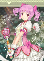 Rule 34 | 10s, 1girl, blush, bow, choker, feathers, gloves, hair bow, heart, hourainingyou, kaname madoka, looking at viewer, magical girl, mahou shoujo madoka magica, mahou shoujo madoka magica (anime), pink hair, red eyes, short hair, short twintails, skirt, smile, solo, soul gem, star (symbol), twintails, wand, white gloves, wings