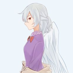Rule 34 | 1girl, absurdres, angel wings, bow, bowtie, braid, breasts, brooch, brown jacket, closed mouth, commentary request, dress, feathered wings, french braid, from side, grey hair, hair between eyes, highres, idaku, jacket, jewelry, kishin sagume, long sleeves, looking at viewer, medium breasts, off shoulder, one-hour drawing challenge, purple dress, red bow, red bowtie, red eyes, short hair, sideways glance, simple background, single wing, solo, touhou, upper body, white background, wings