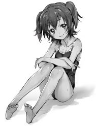 Rule 34 | 10s, 1girl, akagi miria, barefoot, black hair, competition school swimsuit, crossed arms, feet, greyscale, head tilt, idolmaster, idolmaster cinderella girls, looking at viewer, monochrome, one-piece swimsuit, school swimsuit, short hair, short twintails, sitting, smile, solo, swimsuit, twintails, two side up, usisan