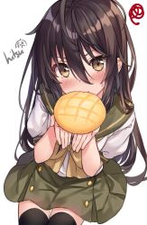 Rule 34 | 1girl, black hair, black thighhighs, blush, bow, bread, brown eyes, commentary, english commentary, food, food in mouth, green sailor collar, green skirt, hair between eyes, hands up, highres, hitsukuya, holding, holding food, long hair, looking at viewer, melon bread, nose blush, pleated skirt, puffy short sleeves, puffy sleeves, sailor collar, school uniform, serafuku, shakugan no shana, shana, shirt, short sleeves, signature, simple background, sitting, skirt, solo, squiggle, sweat, thighhighs, very long hair, white background, white shirt, yellow bow