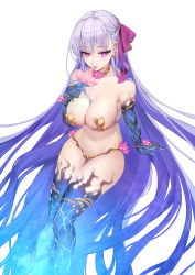 Rule 34 | 1girl, absurdres, armlet, armor, bad id, bad pixiv id, bikini armor, bracelet, breasts, cleavage, collar, earrings, fate/grand order, fate (series), flower, hair ribbon, highres, huge filesize, jewelry, kama (fate), kama (third ascension) (fate), large breasts, long hair, looking at viewer, lotus, may (2747513627), metal collar, navel, parted lips, red eyes, ribbon, ring, silver hair, simple background, thighlet, thighs, very long hair, white background