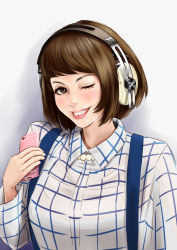 Rule 34 | 1girl, ;), atatatamu, blush, bob cut, breasts, brown eyes, brown hair, cellphone, eyelashes, grin, headphones, highres, jewelry, large breasts, lips, necklace, nose, one eye closed, original, pearl necklace, phone, plaid, plaid shirt, portrait, sennheiser, shirt, short hair, smartphone, smile, solo, suspenders, upper body