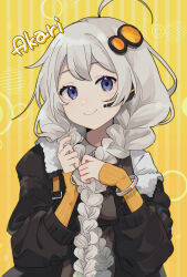 Rule 34 | 1girl, blue eyes, bomber jacket, bracelet, braid, character name, commentary, elbow gloves, fingerless gloves, gloves, grey hair, hair ornament, head tilt, headset, holding, holding hair, jacket, jewelry, kizuna akari, long hair, looking at viewer, orange gloves, sahata saba, smile, solo, striped background, striped clothes, striped gloves, twin braids, upper body, very long hair, vocaloid, voiceroid, yellow background