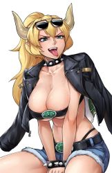 Rule 34 | 1girl, :d, alternate costume, areola slip, belt, belt bra, belt buckle, between legs, black jacket, black panties, blonde hair, blue eyes, borrowed design, bowsette, bracelet, breasts, buckle, casual, cleavage, collar, collarbone, commentary, commission, cutoffs, denim, denim shorts, english commentary, eyewear on head, fangs, hair between eyes, hand between legs, horns, jacket, jacket on shoulders, jewelry, large breasts, long hair, looking away, mario (series), maritan (pixelmaritan), monster girl, new super mario bros. u deluxe, nintendo, open clothes, open jacket, open mouth, panties, panty straps, pointy ears, pontyk, shorts, simple background, sitting, smile, solo, spiked bracelet, spiked collar, spiked shell, spikes, strapless, sunglasses, sweat, teeth, tongue, tongue out, tube top, turtle shell, underwear, v-shaped eyebrows, white background