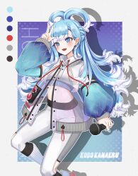 Rule 34 | 1girl, :d, absurdres, ahoge, antenna hair, blue eyes, blue hair, blue nails, crop top, cropped legs, ear piercing, earrings, floating hair, hand up, highres, holding, holding microphone, holoh3roes, hololive, hololive indonesia, jacket, jewelry, kobo kanaeru, kobo kanaeru (1st costume), long hair, long sleeves, looking at viewer, microphone, midriff, multicolored hair, nail polish, open clothes, open jacket, open mouth, outline, pants, piercing, pink-tinted eyewear, puffy sleeves, see-through, see-through jacket, smile, solo, sunglasses, tagme, tight clothes, tight pants, tinted eyewear, two-tone hair, virtual youtuber, white hair, white outline, white pants, yuenillus, zipper