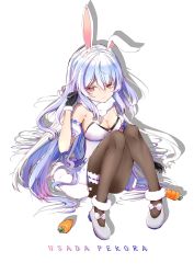 Rule 34 | 1girl, :3, absurdres, alternate hairstyle, animal ear fluff, animal ears, armpit crease, bare shoulders, black gloves, black pantyhose, blue footwear, blue hair, breasts, bridal garter, carrot, character name, cleavage, closed mouth, coat, commentary request, convenient leg, creature, don-chan (usada pekora), drop shadow, food, full body, fur-trimmed coat, fur trim, gloves, grabbing another&#039;s hair, gradient hair, hair between eyes, highres, holding, holding own hair, hololive, kibodo (kibo dodesu), knees, knees together feet apart, long hair, looking at viewer, medium breasts, multicolored hair, pantyhose, rabbit ears, red eyes, shoes, sidelocks, sitting, solo, usada pekora, usada pekora (1st costume), very long hair, virtual youtuber, white background, white coat, white garter, white hair