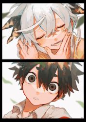 Rule 34 | 2boys, ahoge, black border, black bow, border, bow, brown eyes, brown hair, collared shirt, closed eyes, facing another, hair between eyes, hair bow, hand in another&#039;s hair, hand on another&#039;s cheek, hand on another&#039;s face, hands on another&#039;s face, highres, leaf, looking at another, lower teeth only, male focus, multiple boys, multiple pov, open mouth, original, parted lips, portrait, pov, shinagire (sinanohaka), shirt, short eyebrows, short hair, signature, smile, sweater, sweater vest, teeth, white background, white hair, white shirt, yellow sweater, yellow sweater vest