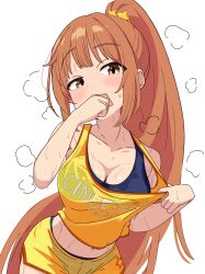 Rule 34 | 1girl, absurdres, armpits, blush, breasts, brown eyes, cleavage, collarbone, commentary request, covering own mouth, hair ornament, hand to own mouth, head tilt, highres, idolmaster, idolmaster cinderella girls, long hair, looking at viewer, medium breasts, midriff, navel peek, orange hair, ponytail, raised eyebrow, shirt tug, shorts, sidelocks, simple background, sleeveless, solo, sports bra, star (symbol), star hair ornament, steam, steaming body, supman1122, sweat, sweaty clothes, tank top, teasing, very long hair, wakabayashi tomoka, white background