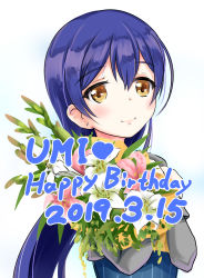Rule 34 | 1girl, 2019, birthday, blue hair, character name, commentary request, dated, eatbara, english text, flower, happy birthday, highres, long hair, long sleeves, love live!, love live! school idol festival, love live! school idol project, sidelocks, smile, solo, sonoda umi, upper body, yellow eyes