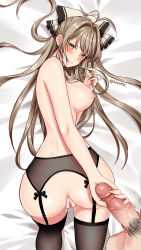 Rule 34 | 10s, 1girl, all fours, amagi brilliant park, antenna hair, anus, ass, black thighhighs, blush, bow, breasts, brown eyes, brown hair, censored, from above, garter belt, garter straps, hair bow, twirling hair, handjob, highres, hongsil, long hair, looking back, mosaic censoring, no bra, no panties, penis, pov, pussy, pussy juice, sento isuzu, solo focus, thighhighs, twitter username, veins, veiny penis
