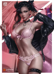 Rule 34 | 1girl, absurdres, aged up, alternate breast size, arm up, armpits, artist name, asymmetrical bangs, black hair, black jacket, black nails, blue eyes, border, bra, breasts, cleavage, cowboy shot, creatures (company), earrings, fingernails, frilled bra, frills, game freak, gen 8 pokemon, hair ribbon, highres, jacket, jewelry, large breasts, logan cure, long sleeves, looking at viewer, marnie (pokemon), middle finger, morpeko, morpeko (hangry), nail polish, navel, nintendo, open clothes, open jacket, outside border, panties, parted lips, pink bra, pink panties, pokemon, pokemon (creature), pokemon swsh, realistic, red ribbon, ribbon, short hair, short twintails, solo focus, spikes, stomach, thigh strap, thighs, twintails, underwear, white border