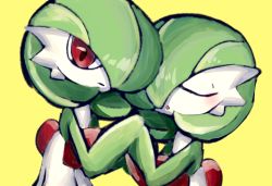 Rule 34 | 2girls, blush, bob cut, closed eyes, closed mouth, colored skin, creatures (company), expressionless, female focus, flat chest, game freak, gardevoir, gen 3 pokemon, green hair, green skin, hair over one eye, hands up, holding hands, kanoi 70, light blush, looking at viewer, multicolored skin, multiple girls, nintendo, one eye covered, open mouth, pokemon, pokemon (creature), red eyes, short hair, simple background, sketch, two-tone skin, upper body, white skin, yellow background, yuri