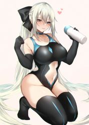 Rule 34 | 1girl, adapted costume, black bow, blue eyes, bottle, bow, braid, breasts, center opening, choker, clothing cutout, competition swimsuit, danimaru, elbow gloves, fate/grand order, fate (series), french braid, gloves, highleg, highleg swimsuit, highres, large breasts, looking at viewer, lotion, lotion bottle, morgan le fay (fate), one-piece swimsuit, ponytail, solo, stomach cutout, swimsuit, thighhighs