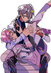Rule 34 | 2boys, :3, ahoge, amemura ramuda, bishounen, blue eyes, book, cellphone, commentary request, eyelashes, full body, hair between eyes, highres, holding, holding book, holding phone, hypnosis mic, jinguji jakurai, legs up, long hair, looking at another, low ponytail, lying on lap, male focus, mezumari, multiple boys, on chair, open book, phone, pink hair, reading, short hair, sitting, smartphone, taking picture, very long hair, white background, yaoi