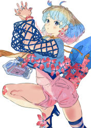Rule 34 | 1girl, aqua hair, arms up, black eyes, blue hair, blush, brown hair, earrings, fishnet sleeves, fishnets, flower, flower earrings, foot out of frame, high heels, highres, jewelry, multicolored hair, original, overall shorts, overalls, pink flower, pink hair, pink overalls, sandals, short hair, signature, simple background, single thighhigh, solo, thighhighs, transparent bag, umishima senbon, white background
