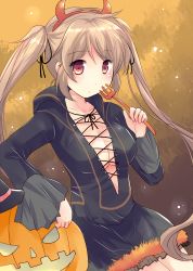 Rule 34 | 10s, 1girl, black coat, black skirt, blonde hair, blush, breasts, closed mouth, coat, collarbone, demon horns, fake horns, frilled skirt, frills, halloween costume, hat, hirune (konekonelkk), hood, horns, jack-o&#039;-lantern, kantai collection, long hair, long sleeves, looking at viewer, medium breasts, murasame (kancolle), open clothes, open coat, polearm, red eyes, sitting, skirt, solo, trident, twintails, upper body, weapon, witch hat
