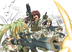 Rule 34 | 4girls, action, aircraft, airplane, armored vehicle, assault rifle, battle, battle rifle, black hair, blonde hair, blue eyes, brown eyes, brown hair, bullet casing, camouflage, copyright request, explosion, fighter jet, firing, german flag, germany, gloves, green eyes, gun, h&amp;k g3, h&amp;k g36, h&amp;k mp7, headset, heckler &amp; koch, helmet, jet, load bearing vest, long hair, machine pistol, military, military vehicle, multiple girls, muzzle flash, original, patch, personal defense weapon, pointing, rifle, shell casing, simple background, soldier, submachine gun, twintails, vehicle, war, weapon, white background